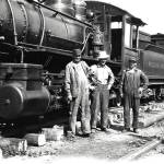 Photo provided by Polson Museum
A glass plate negative, donated by Ralph Umbarger, shows three men standing in front of the 45 locomotive from Polson Logging Company, in Hoquiam. Polson Museum staff is currently restoring the locomotive. The photo gives a glimpse at the finely detailed photos John Larson, Polsons director, will show Saturday at Hoquiam Timberland Library.