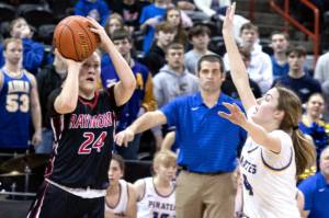 ALEC DIETZ | THE CHRONICLE
Raymond guard Karsyn Freeman takes a midrange shot against Adna in the 2B state round of 12 March 1 at Spokane Arena.