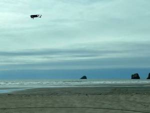 Courtesy of John Jones / Aloft Drone Search
A drone in search of missing fisherman Bryson Fitch hovers over the Washington coast last weekend. The drone was piloted by John Jones, founder of Aloft Drone Search, a nonprofit that helps law enforcement and families locate missing persons at no cost.
