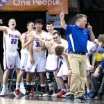 ALEC DIETZ | THE CHRONICLE The Willapa Valley bench celebrates after a 3-pointer against Mossyrock in the 2B state quarterfinals on Thursday at the Spokane Arena.