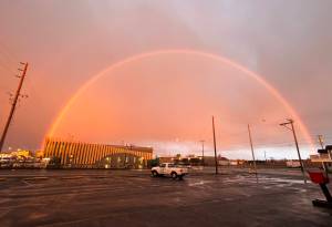 A double rainbow, with a faint band above, stands out in the gray skies over downtown Aberdeen on Tuesday evening. The photo, taken from the parking lot of <em>The Daily </em><em>World</em>, was a stunning sight and was deemed worthy of a photo shoot because of how clear and colorful it was.