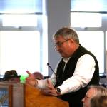 Ocean Shores Mayor Jon Martin speaks during the public comment period of a school board meeting about the construction of a tsunami tower near Ocean Shores Elementary School on March 21. (Michael S. Lockett / The Daily World)