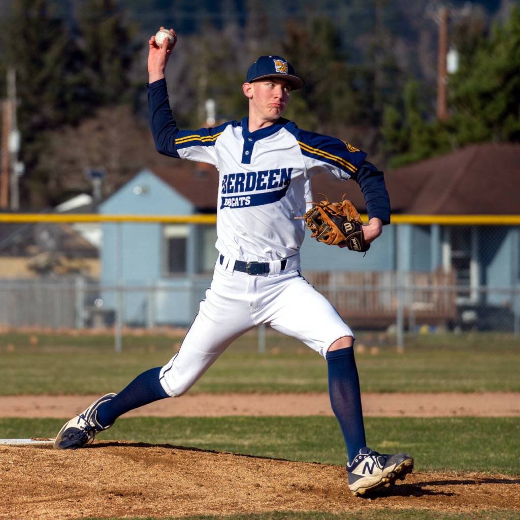 PHOTO BY FOREST WORGUM Aberdeen starting pitcher Baylor Ainsworth throws a pitch during the Bobcats 5-4 victory over Centralia on Wednesday in Aberdeen.