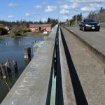 Photos by Matthew N. Wells / The Daily World
A chalk-written message come as you are, resides along the top of the guardrail along Young Street Bridge, which carries drivers over Wishkah River and into North Aberdeen. The bridge is known as being a Kurt Cobain hangout when the Nirvana founder was growing up in Aberdeen. The bridge may come down in a few years, but there are plenty of passionate fans of Cobain and Nirvanas history who want to see the bridge remain.