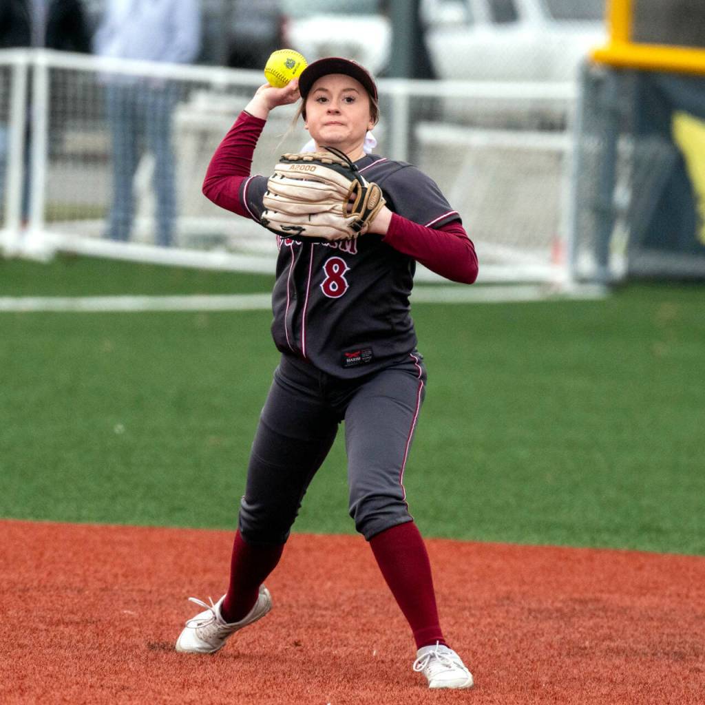 PHOTO BY FOREST WORGUM Hoquiam shortstop Graci Bonney-Spradlin throws out a Montesano runner during the Grizzlies 3-2 victory on Tuesday at Montesano High School.