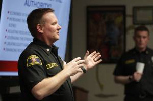 Michael S. Lockett / The Daily World 
Hoquiam Fire Chief Matt Miller speaks to members of the public during a meeting about the proposed creation of a regional fire authority for Central Grays Harbor on March 28.