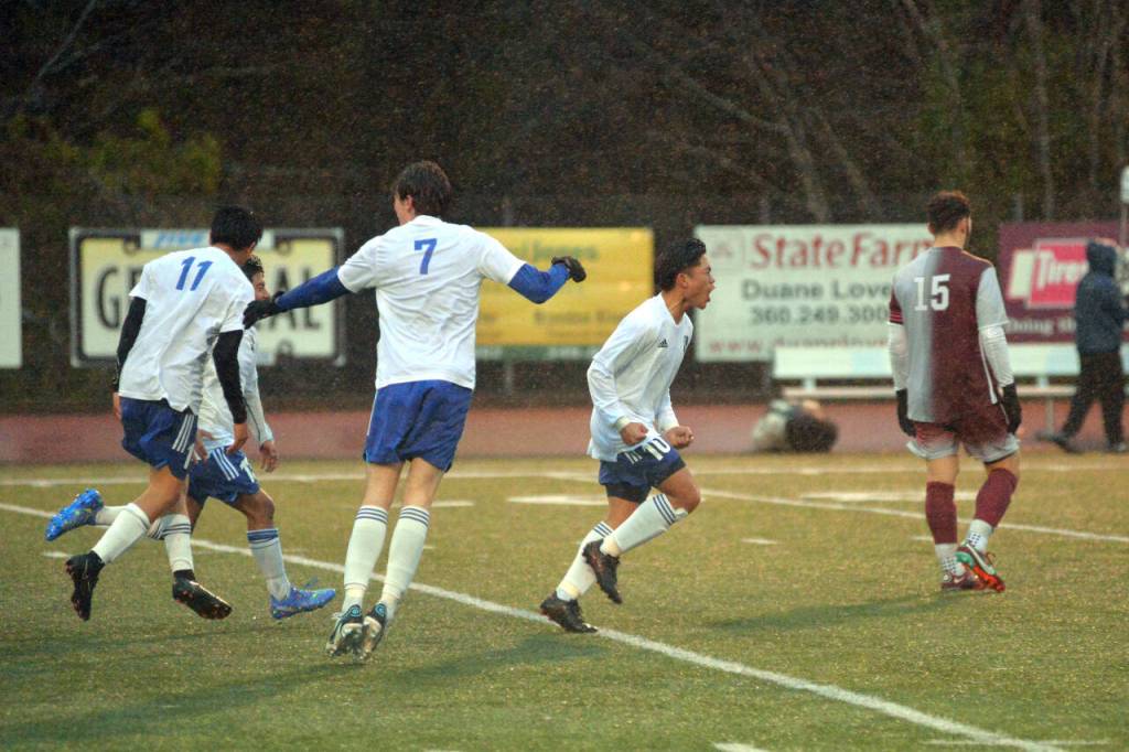 RYAN SPARKS | THE DAILY WORLD Elma midfielder Theo Flores (10) cheers after scoring a goal in the first half of the Eagles 2-1 loss to Montesano on Friday at Montesano High School.