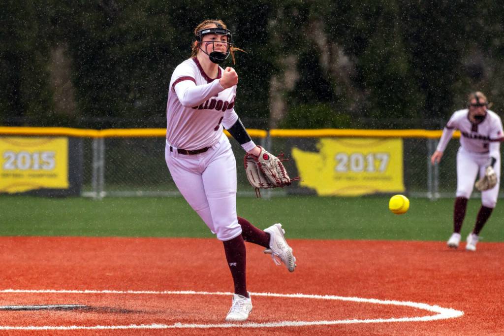 PHOTO BY FOREST WORGUM Montesano pitcher Grace Gooding earned the win in the Bulldogs 15-9 victory over Lynden Christian on Saturday at Montesano High School.