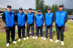 SUBMITTED PHOTO The Grays Harbor Chokers (from left) Cole Wasson, Nate Johnson, Michael Jump, Tyler Bryant, Nolan King and Brett Wasson placed second overall at the Olympic College Invitational on April 2-3 at the Gold Mountain Olympic Golf Club in Bremerton.