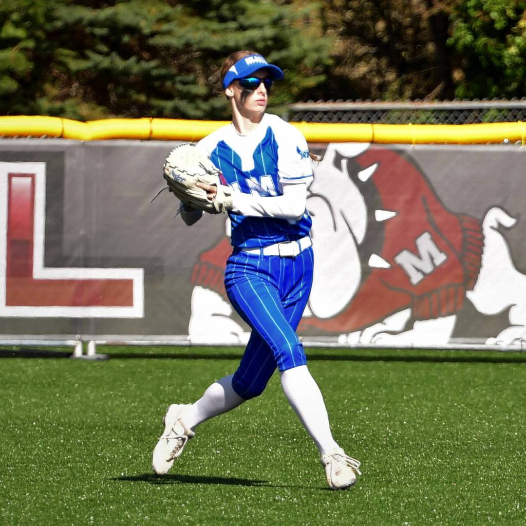PHOTO BY CHRYSTAL WELD
Elma center fielder Aaleigha Weld prepares to fire the ball to first base to record a double play during the Eagles' 16-0 loss to Montesano on Tuesday in Montesano.