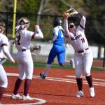 RYAN SPARKS | THE DAILY WORLD Montesano first baseman Kylee Wisdom (18) makes a catch during a 16-0 win over Elma on Tuesday in Montesano.