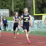 Aberdeens Luke Niemi, middle, wins the 100 meter sprint over teammate Jeremy Sawyer, left, at the 2023 Ray Ryan Memorial Grays Harbor All-County Track & Field Meet on Friday at Jack Rottle Field in Montesano.