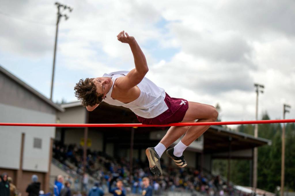 PHOTO BY FOREST WORGUM Montesanos Gabe Bodwell cleared six feet to win the high jump at the 2023 Ray Ryan Memorial Grays Harbor All-County Track & Field Meet on Friday at Jack Rottle Field in Montesano.
