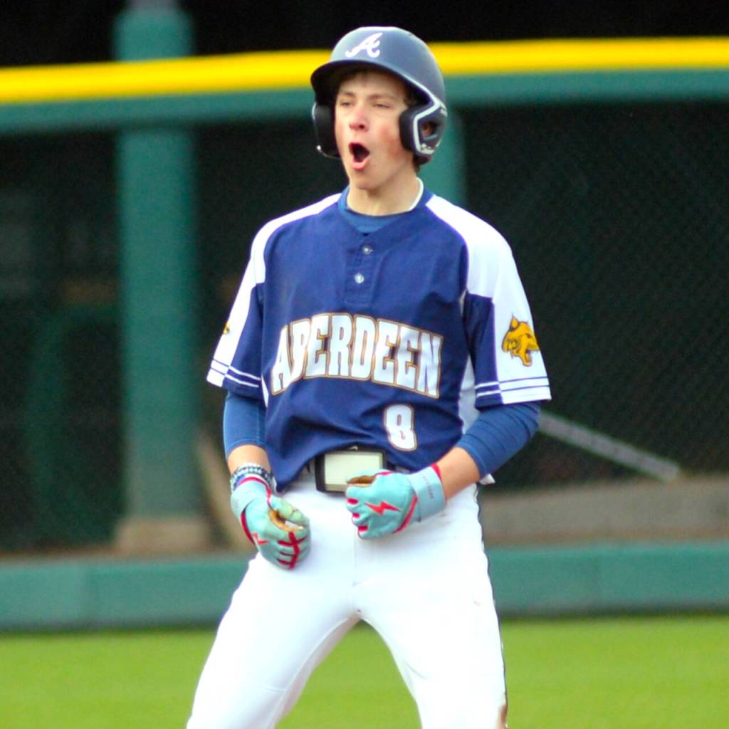 RYAN SPARKS | THE DAILY WORLD Aberdeens Aidan Baker cheers after reaching second during a 6-5 loss to Montesano on Saturday at Cheney Field in Tacoma.