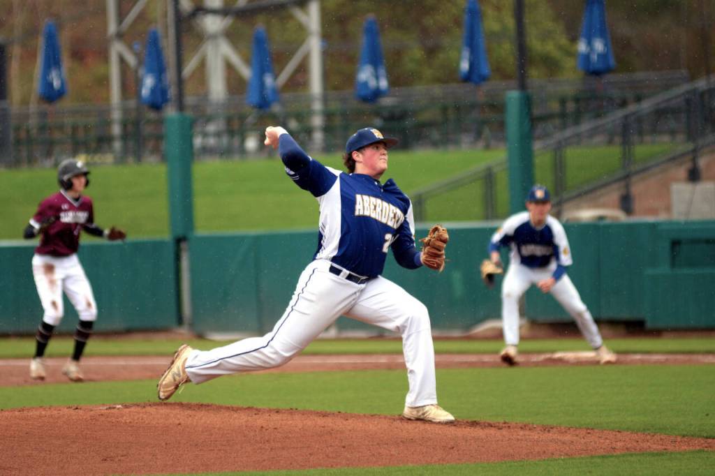 RYAN SPARKS | THE DAILY WORLD Aberdeen starting pitcher Trevon Nichols throws a pitch during a 6-5 loss to Montesano on Saturday at Cheney Field in Tacoma.