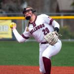 PHOTO BY FOREST WORGUM Montesanos Kaila Hatton throws to first during the Bulldogs 19-3 win over Nooksack Valley on Saturday in Montesano.
