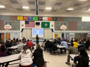 Elma School District hosted a meeting Wednesday, April 19 in the Elma Elementary multi-purpose room to discuss facilities changes needed to host a growing student body. (Clayton Franke / The Daily World)