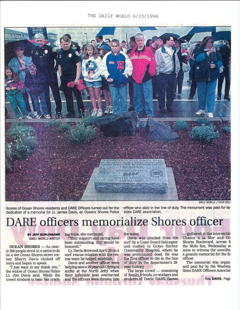 Lt. Jim Davis is remembered in memorials from Ocean Shores to Washington D.C. for his death during a surf rescue. Photo: The Davis Family