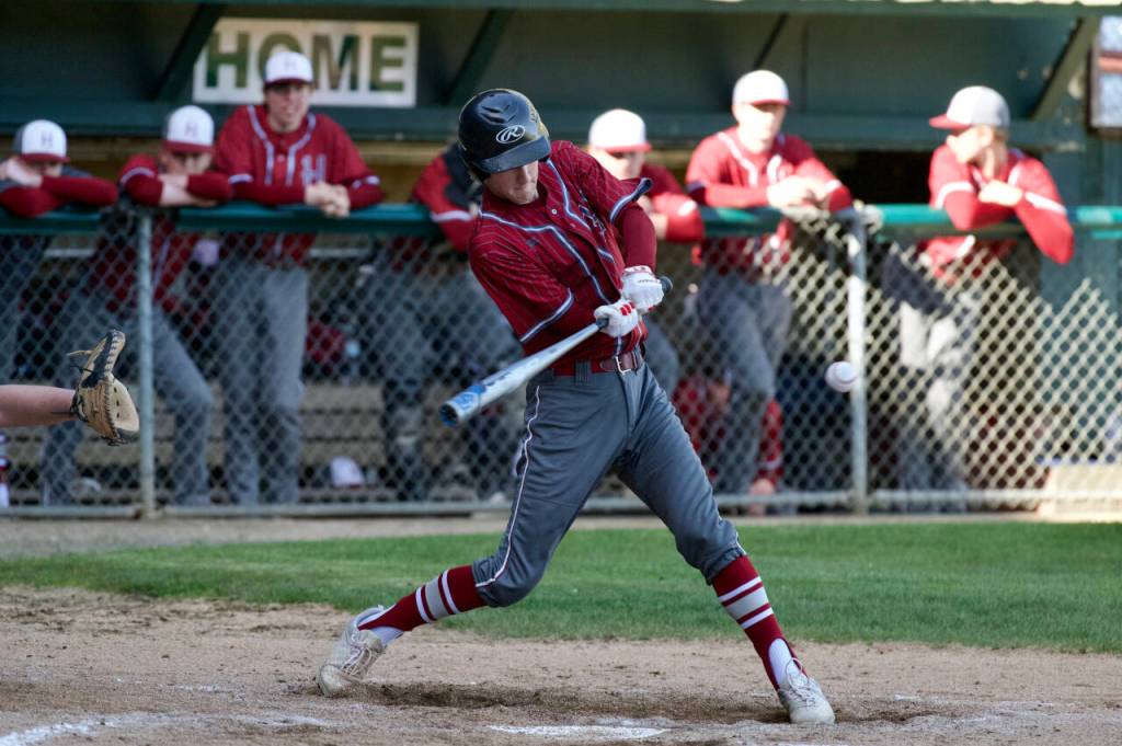 PHOTO BY FOREST WORGUM Hoquiams Chase Shumate squares up a pitch during a game against Eatonville on Tuesday in Hoquiam.