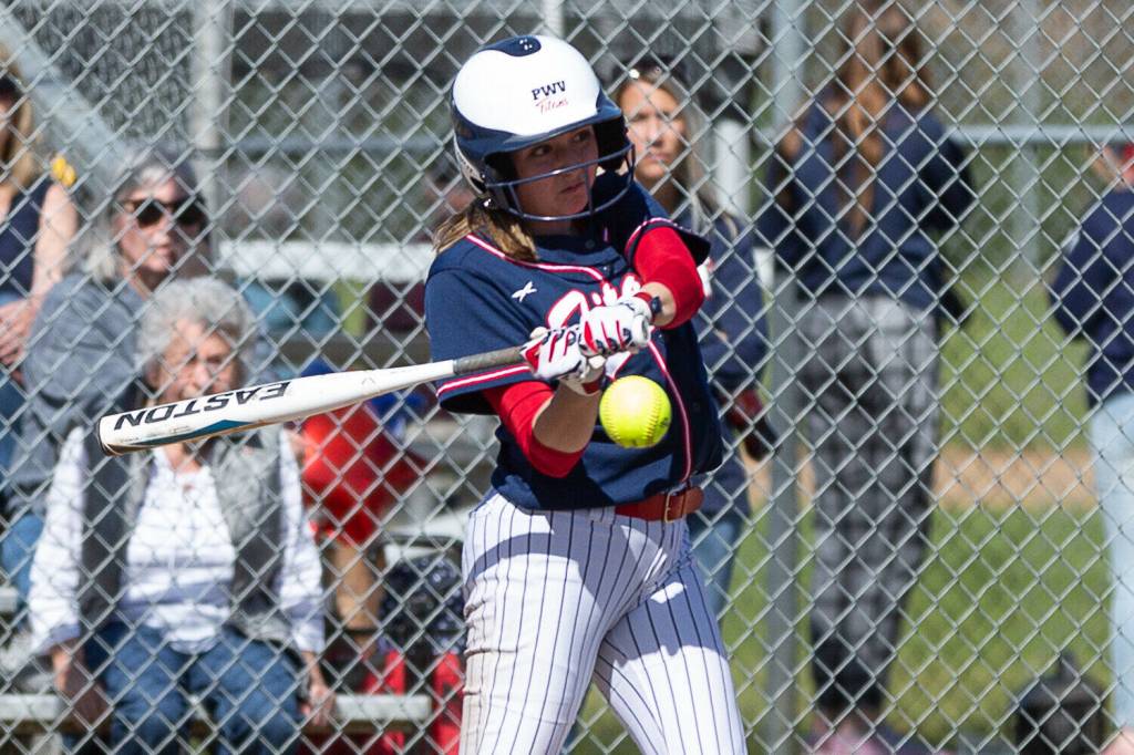 ALEC DIETZ | THE CHRONICLE Pe Ell-Willapa Valleys Rilyn Channell swings at a pitch against Ilwaco on Tuesday in Pe Ell.
