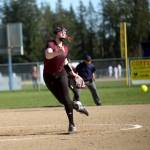 RYAN SPARKS | THE DAILY WORLD Montesano starter Grace Gooding throws a pitch during the Bulldogs 12-6 victory over Elma on Thursday in Elma.