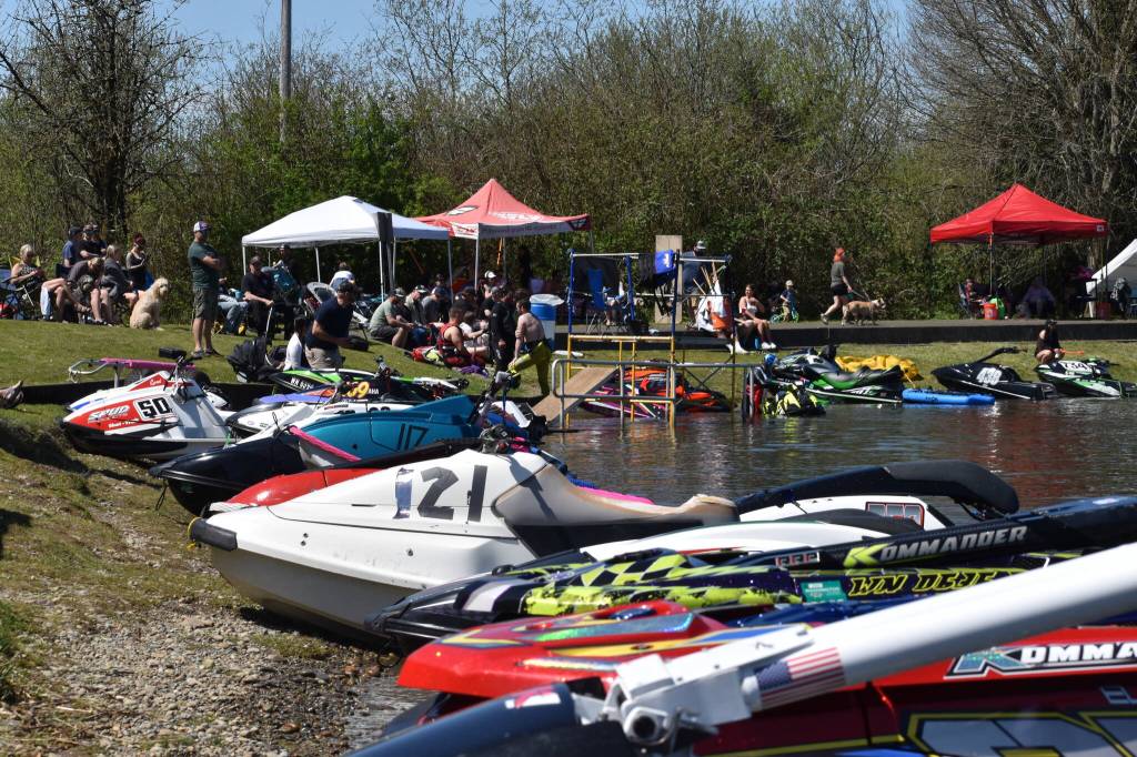 Jet-skis line Vance Creek Pond Saturday, April 29 as part of the PNW Water X racing event.