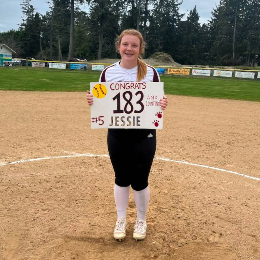 SUBMITTED PHOTO Ocosta sophomore pitcher Jessie Gilbert broke a school record for strikeouts in a season after an 8-0 win over Naselle on Monday in Westport.