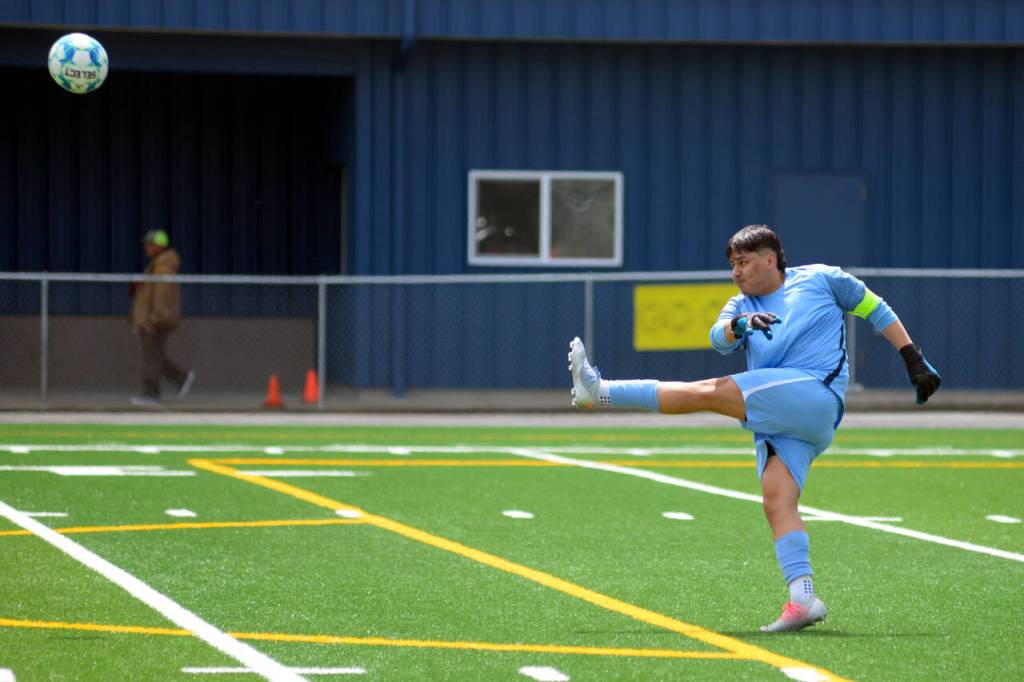 RYAN SPARKS | THE DAILY WORLD Aberdeen goal keeper Antonio Granados clears the ball during Aberdeens 2-0 district-tournament win over Hudsons Bay on Saturday at Stewart Field in Aberdeen.