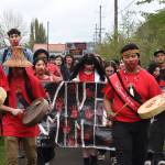 Matthew N. Wells / The Daily World
An estimated 500 Hoquiam students took part in a walk to honor and spread awareness about Missing Murdered Indigenous Women and girls. During the 1.2-mile walk, the group sang songs important to Indigenous cultures.