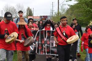 Matthew N. Wells / The Daily World
An estimated 500 Hoquiam students took part in a walk to honor and spread awareness about Missing Murdered Indigenous Women and girls. During the 1.2-mile walk, the group sang songs important to Indigenous cultures.