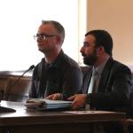 Wade Eric Iseminger, left, appears in his arraignment for multiple charges of child molestation, represented by Luke Laughlin, right, on May 8 in Grays Harbor County Superior Court. (Michael S. Lockett / The Daily World)