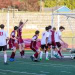PHOTO BY SHAWN DONNELLY 
Montesanos Levi Clements, arms raised, scores a goal in the 68th minute to give the Bulldogs a 2-1 win over Columbia-White Salmon in a 1A District 4 semifinal game on Tuesday in Montesano.