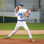 RYAN SPARKS | THE DAILY WORLD Elma starting pitcher Andrew Sanders throws a pitch in the Eagles 4-2 loss to Montesano in a 1A District 4 semifinal game on Tuesday at Olympic Stadium in Hoquiam.