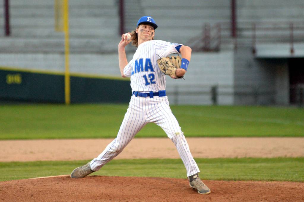 RYAN SPARKS | THE DAILY WORLD Elma starting pitcher Andrew Sanders throws a pitch in the Eagles 4-2 loss to Montesano in a 1A District 4 semifinal game on Tuesday at Olympic Stadium in Hoquiam.