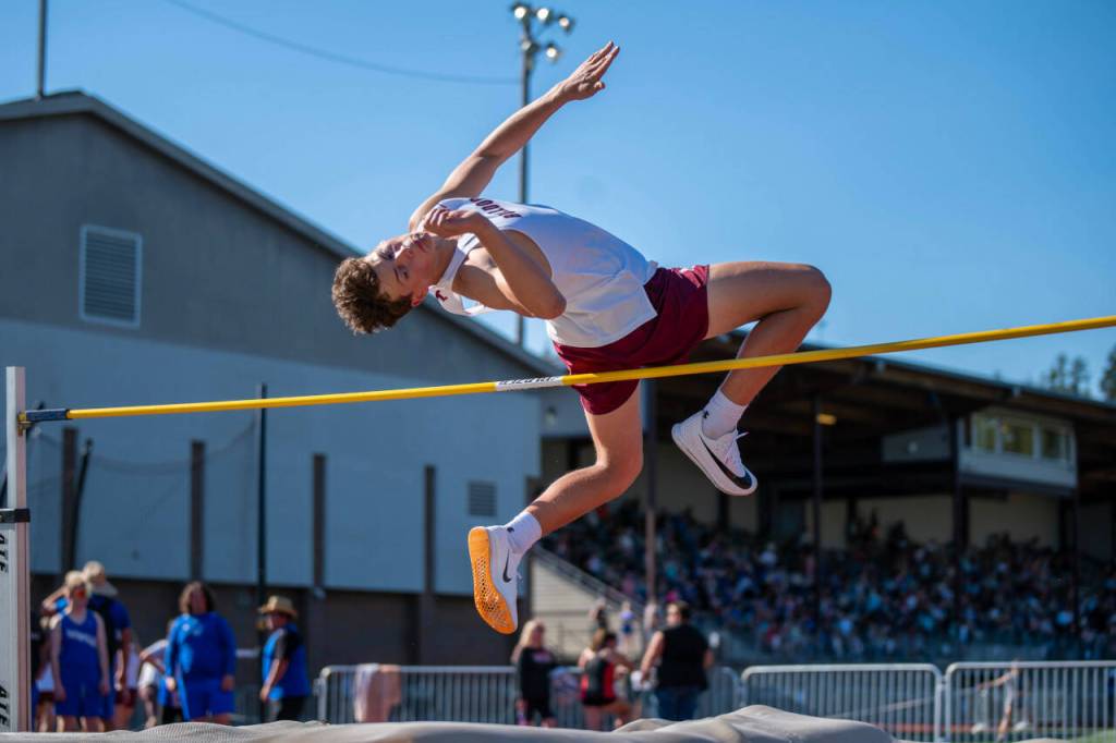 PHOTO BY FOREST WORGUM Montesanos Gabe Bodwell clears the bar in the boys high jump event at the 1A Evergreen League Championships on Friday in Montesano.