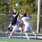 RYAN SPARKS / THE DAILY WORLD
Aberdeen sophomore forward Evan Cone (21) rises for a header against Fifes Ty Shuck (15) and Joel Garcia during a 2A State Tournament game on Tuesday at Stewart Field in Aberdeen. Cone scored the golden goal in the first overtime for a 1-0 victory.