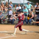 RYAN SPARKS / THE DAILY WORLD Raymond-South Bend first baseman Raydynn Morley connects on a pitch during a 7-2 victory over Rainier in a 2B District 4 Tournament elimination game on Wednesday in Centralia.
