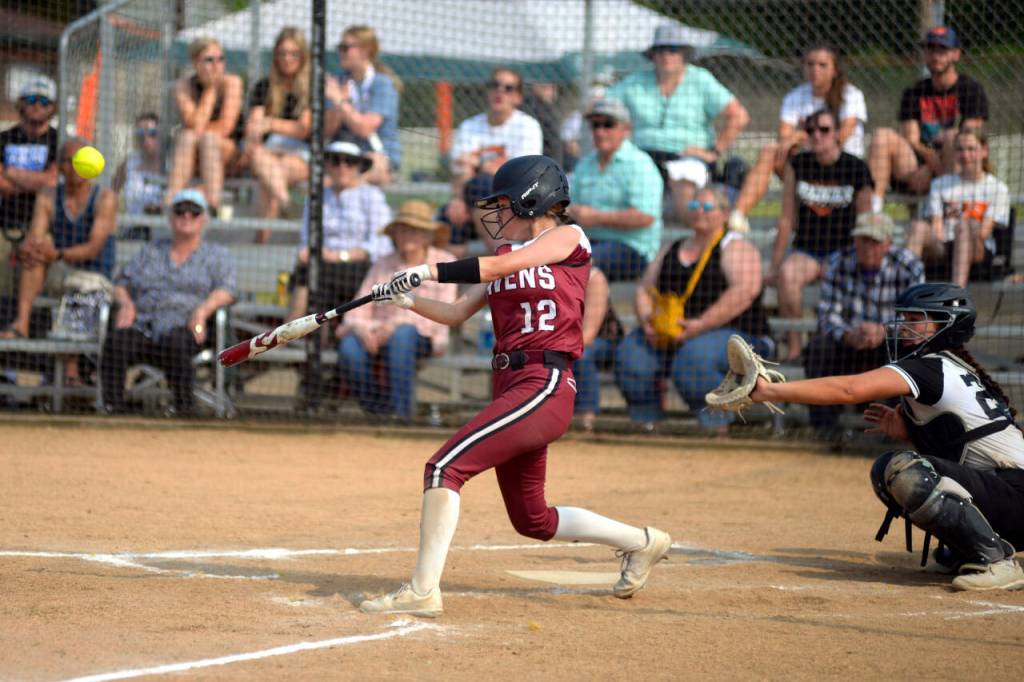 RYAN SPARKS / THE DAILY WORLD Raymond-South Bend first baseman Raydynn Morley connects on a pitch during a 7-2 victory over Rainier in a 2B District 4 Tournament elimination game on Wednesday in Centralia.