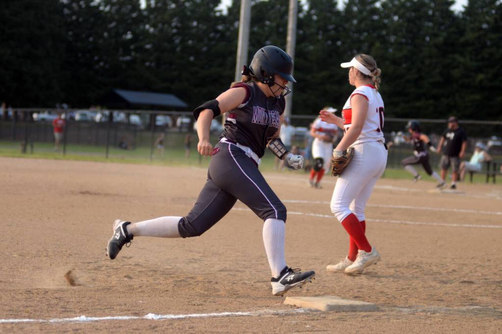 RYAN SPARKS / THE DAILY WORLD Montesanos Jordan Karr rounds third base during a 12-0 victory over Columbia-White Salmon in the 1A District 4 semifinals on Wednesday in Centralia.