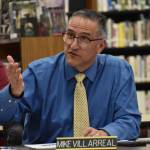 Hoquiam Superintendent Mike Villarreal addresses the audience at Thursday evenings school board meeting. (Clayton Franke / The Daily World)