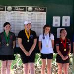 SUBMITTED PHOTO 1A District 4 girls golf state qualifers are (from left) Elmas Sophia Hamilton, Hoquiams Eva Jump, La Centers Sabrina Joner, Kings Way Christians Gracie Harlow, Montesanos Hailey Blancas and district-champion Olivia Moore of Elma.