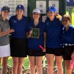SUBMITTED PHOTO The Elma Eagles (from left) head coach Alexis Keating, Aubrey Moore, Camberly Burgess, Olivia Moore and Sophia Hamilton won the 1A District 4 team championship at the district meet on Monday and Tuesday at the Tumwater Valley Golf Course in Tumwater.