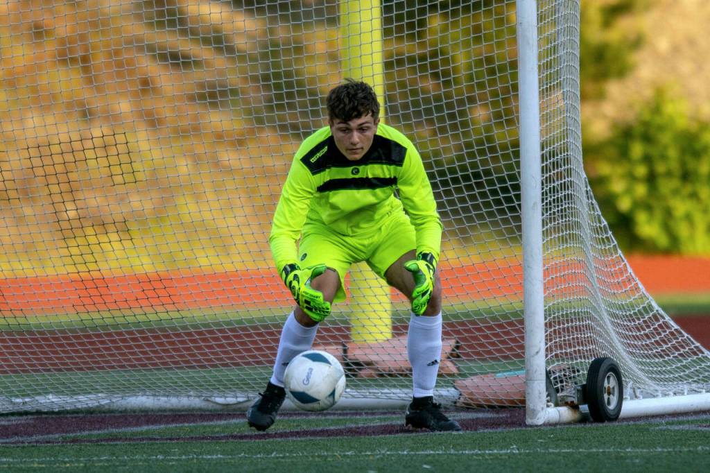 PHOTO BY FOREST WORGUM Montesano senior goal keeper Jayden McElravy made 12 saves to earn a clean sheet in a 1-0 victory over Northwest Christian (Colbert) in a 1A State Tournament game on Friday at Jack Rottle Field in Montesano.