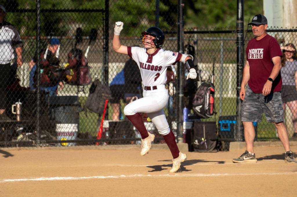 PHOTO BY FOREST WORGUM 
Montesano junior Riley Timmons rounds third after hitting a game-winning, walk-off three-run home run to beat Hoquiam 8-7 and win the 1A District 4 championship on Saturday at Fort Borst Park in Centralia.