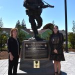Maj. Gen. Eldon A. Bargewells widow Marian Bargewell, left, stands with her daughter Lauren Phillips in front of a statue dedicated to the late general, who is one of the most decorated active duty soldiers in U.S. history. Marian was grateful for the wide spread military presence there to honor her husband at the statue dedication at MG Eldon A Bargewell Delta Park, in Hoquiam. It means more to me than I can even say, Marian said.