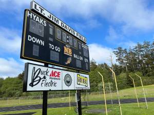 Clayton Franke / The Daily World
A new scoreboard on the northwest end of the North Beach football field was installed earlier this month.