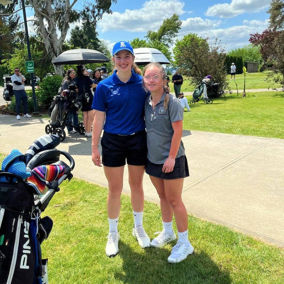 SUBMITTED PHOTO Montesanos Hailey Blancas, right, and Elmas Olivia Moore finished first and second, respectively, at the 1A State Girls Golf Tournament on Wednesday at the Riverside Golf Course in Chehalis.
