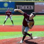 ALEC DIETZ | THE CHRONICLE Montesanos Camden Taylor releases a pitch against Naches Valley in the 1A State Tournament semifinals at Joe Martin Stadium in Bellingham on Friday.