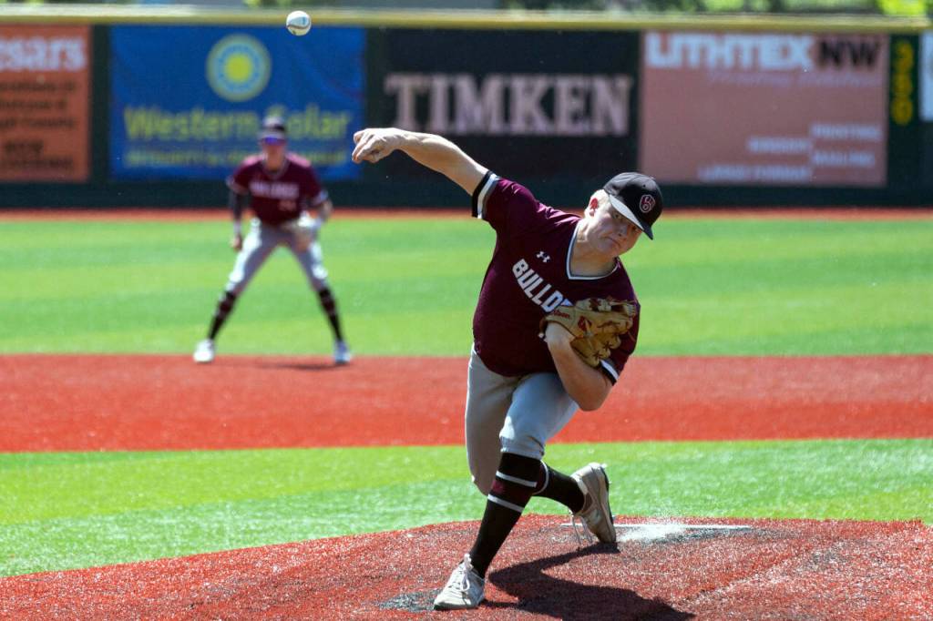 ALEC DIETZ | THE CHRONICLE Montesanos Camden Taylor releases a pitch against Naches Valley in the 1A State Tournament semifinals at Joe Martin Stadium in Bellingham on Friday.