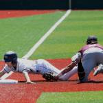 ALEC DIETZ | THE CHRONICLE Montesano third baseman Jaxson Wilson tags out Naches Valleys Thane Denny in the 1A State Tournament semifinals at Joe Martin Stadium in Bellingham on Friday.